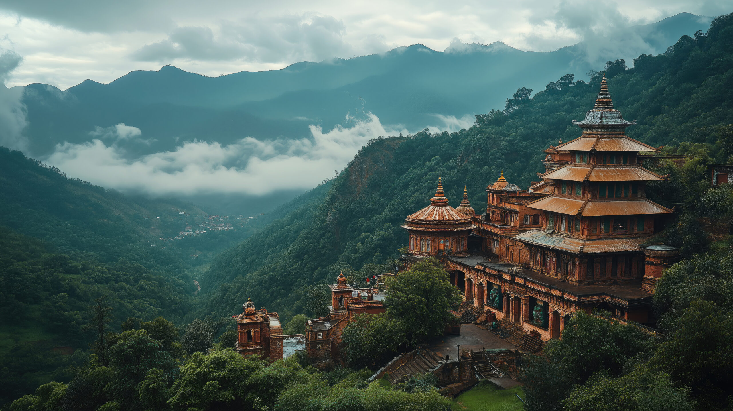 A panoramic view of the Temple nestled in the green mountains, India, muted color, white clouds. with a distant mountain range behind. Captured with a wide-angle lens. Cinematic --ar 16:9 --stylize 250 --v 6.1 Job ID: e9376777-cbf0-445d-bebf-4a9b00981216